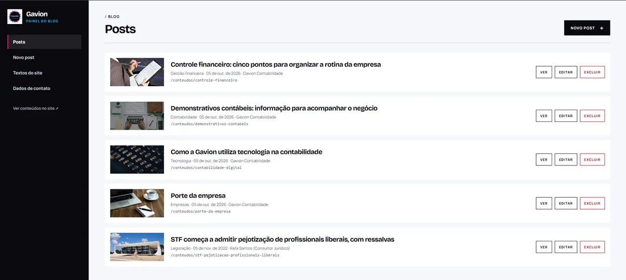 Painel administrativo de Gavion Contabilidade